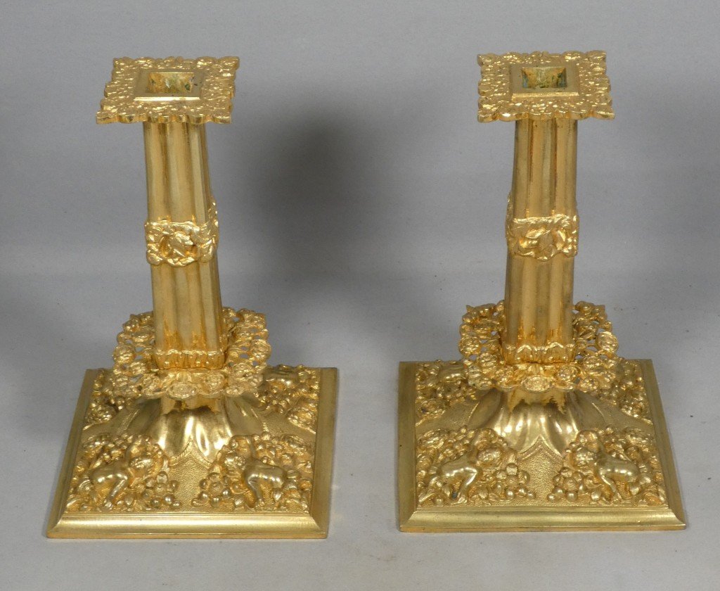 Pair Of Gilded Bronze “à La Financière” Candlesticks, Louis XIV Style – 19th Century-photo-2