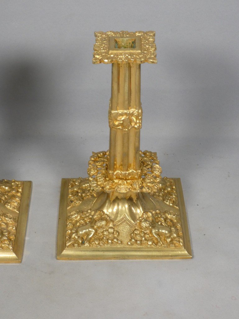 Pair Of Gilded Bronze “à La Financière” Candlesticks, Louis XIV Style – 19th Century-photo-3