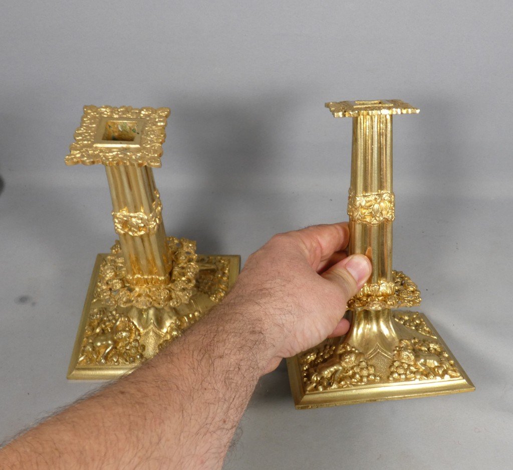 Pair Of Gilded Bronze “à La Financière” Candlesticks, Louis XIV Style – 19th Century-photo-1