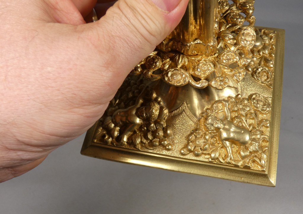 Pair Of Gilded Bronze “à La Financière” Candlesticks, Louis XIV Style – 19th Century-photo-2