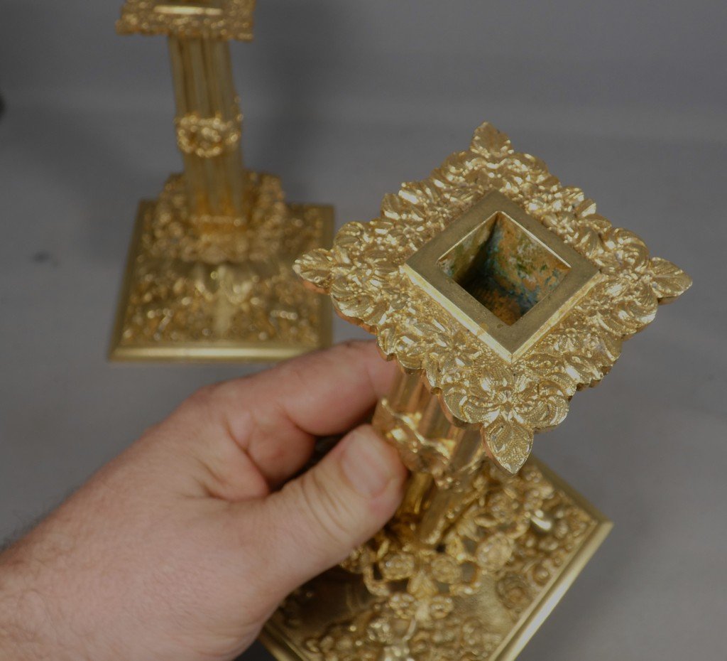Pair Of Gilded Bronze “à La Financière” Candlesticks, Louis XIV Style – 19th Century-photo-3