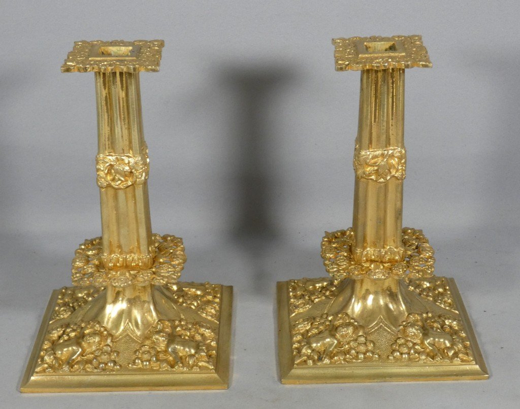 Pair Of Gilded Bronze “à La Financière” Candlesticks, Louis XIV Style – 19th Century