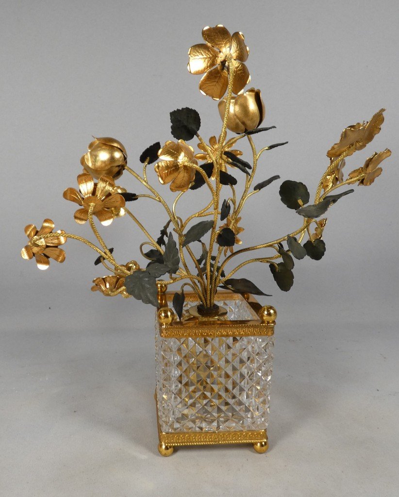 Pendulette de table en cristal et bronze au bouquet de fleurs, Hour Lavigne, vers 1960-photo-2