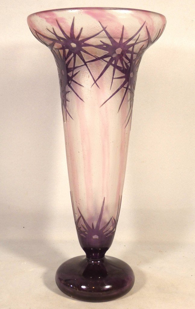 Charles Schneider – Le Verre Français, grand vase « Étoiles » signé au berlingot vers 1918-1921