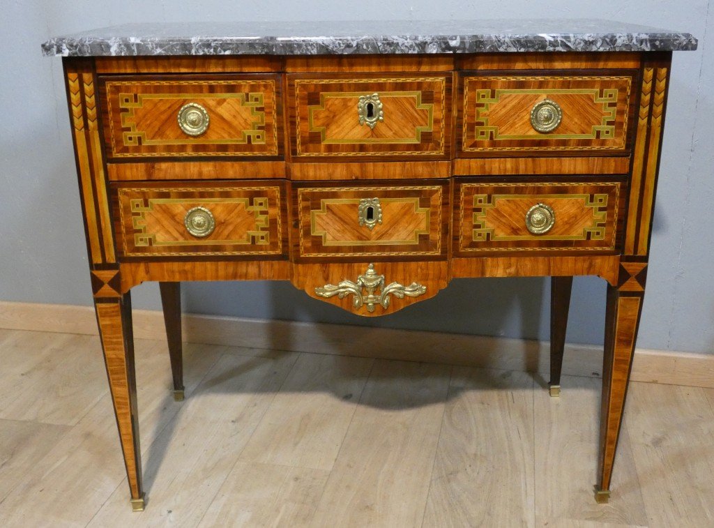 Chest Of Drawers With A Stepped Front And Marquetry – Louis XVI Period, 18th Century-photo-3