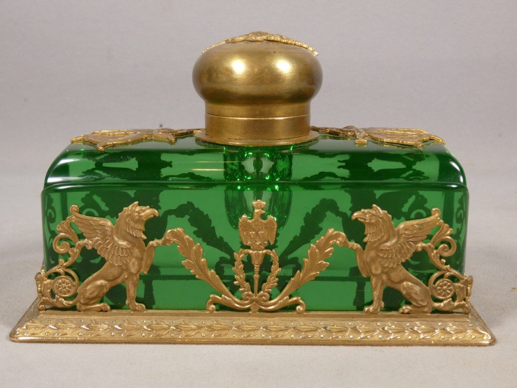 Encrier en cristal vert et bronze doré – Style Empire, fin du XIXᵉ siècle-photo-2
