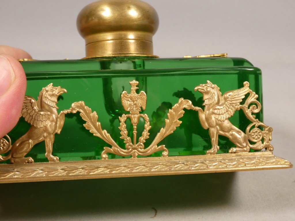 Encrier en cristal vert et bronze doré – Style Empire, fin du XIXᵉ siècle-photo-3