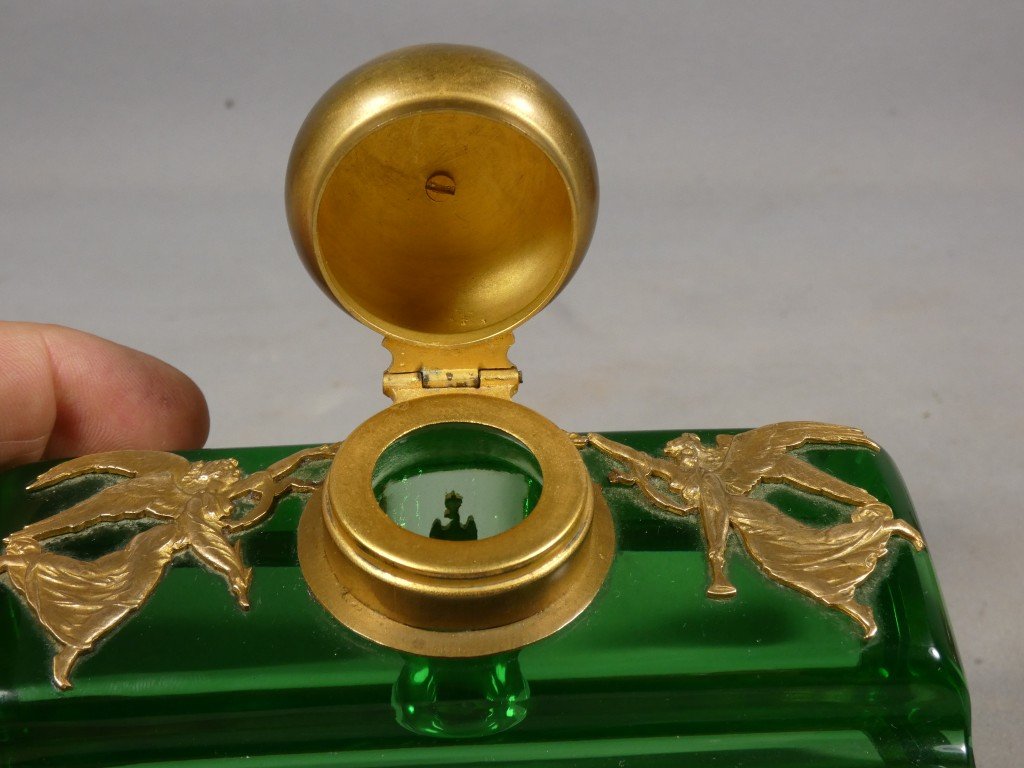 Encrier en cristal vert et bronze doré – Style Empire, fin du XIXᵉ siècle-photo-1