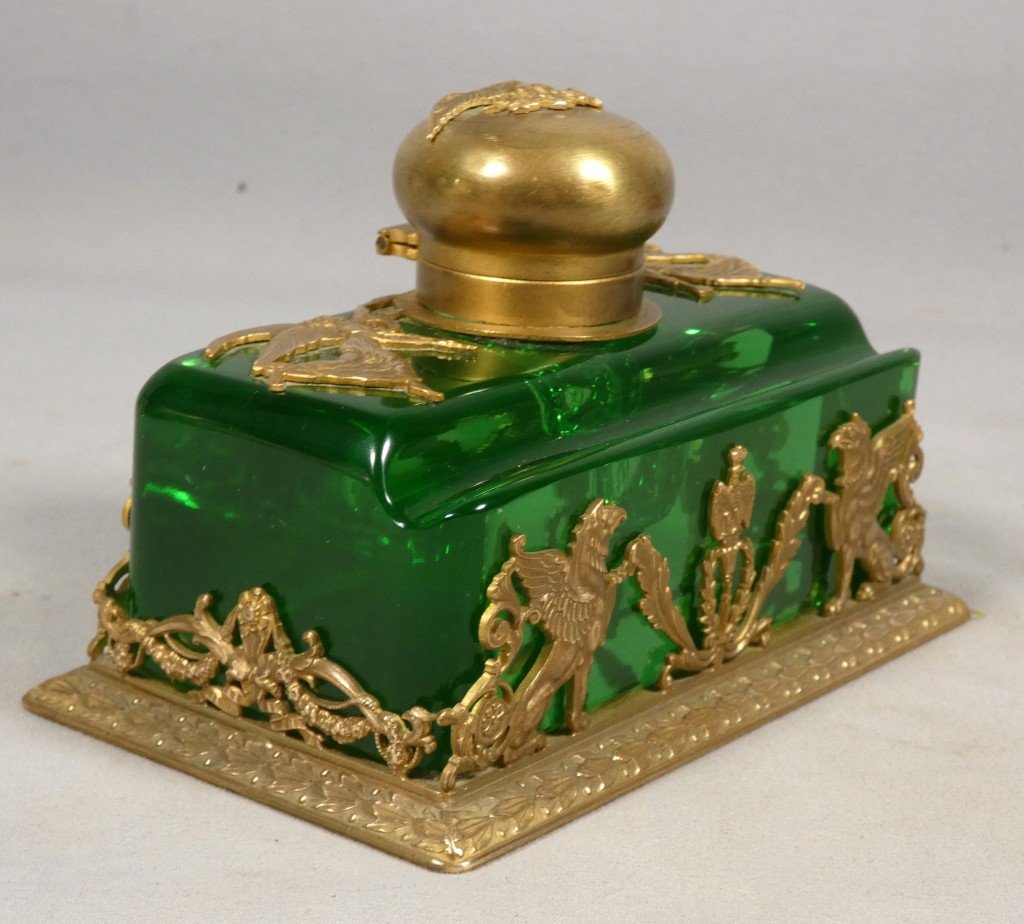 Encrier en cristal vert et bronze doré – Style Empire, fin du XIXᵉ siècle-photo-2
