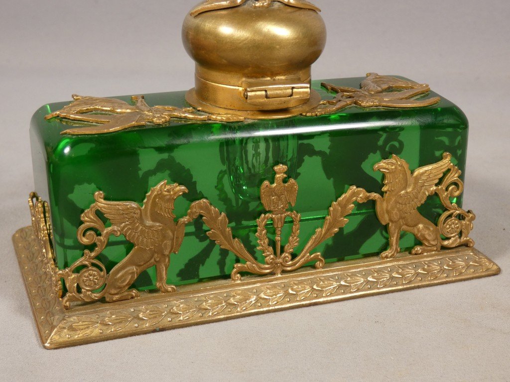 Encrier en cristal vert et bronze doré – Style Empire, fin du XIXᵉ siècle-photo-3