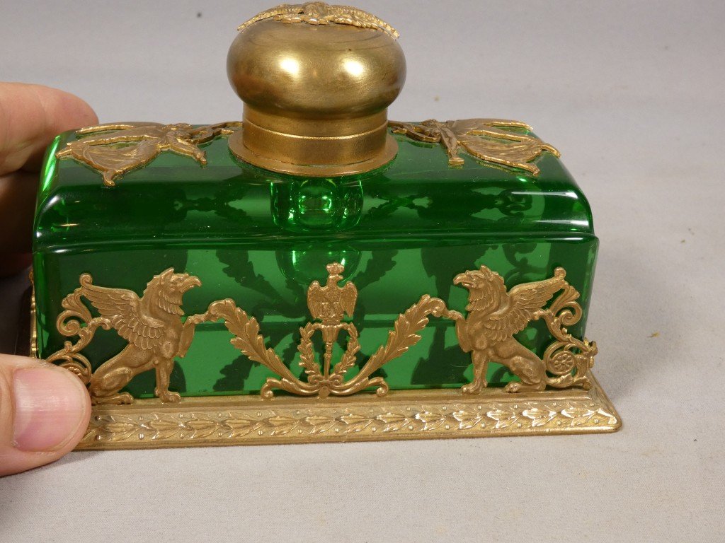 Encrier en cristal vert et bronze doré – Style Empire, fin du XIXᵉ siècle-photo-4