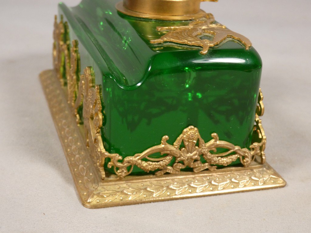 Encrier en cristal vert et bronze doré – Style Empire, fin du XIXᵉ siècle-photo-5