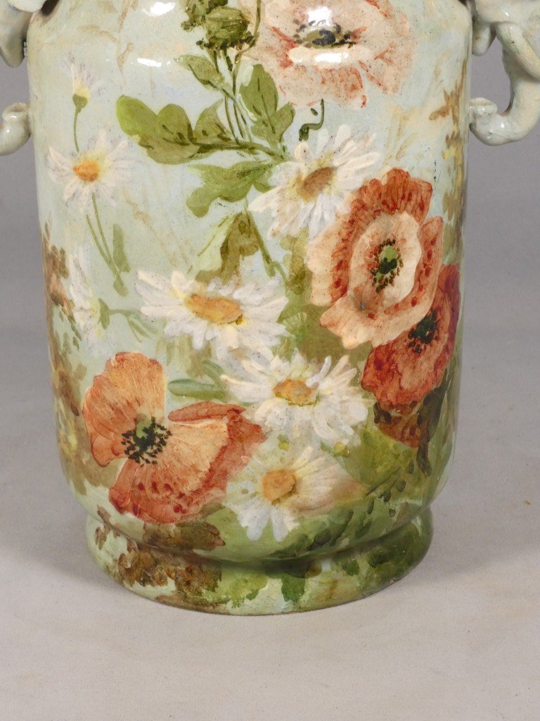 Vase à anses en forme de têtes d’éléphant, faïence de Montigny-sur-Loing, atelier Schopin XIX-photo-2
