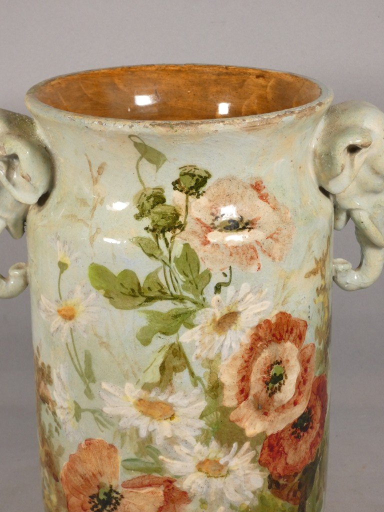 Vase à anses en forme de têtes d’éléphant, faïence de Montigny-sur-Loing, atelier Schopin XIX-photo-4