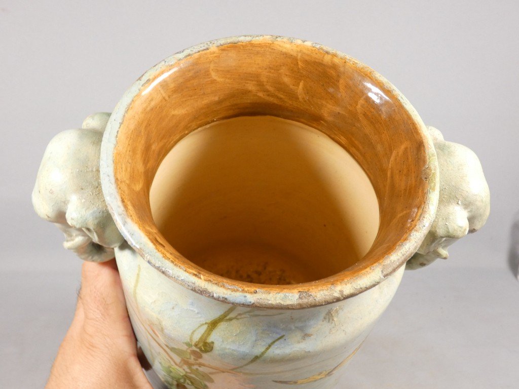 Vase à anses en forme de têtes d’éléphant, faïence de Montigny-sur-Loing, atelier Schopin XIX-photo-5