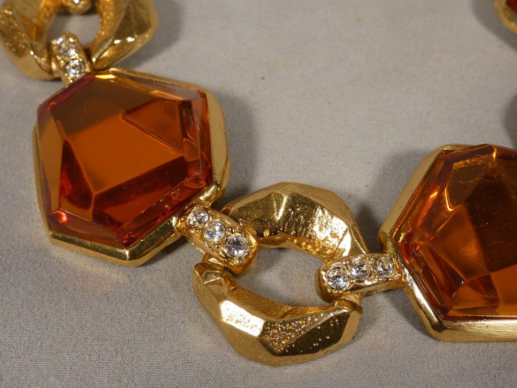 Collier Jean-Louis Scherrer Paris – Métal Doré, Strass Et Résine Couleur Ambre – Vers 1980-photo-2