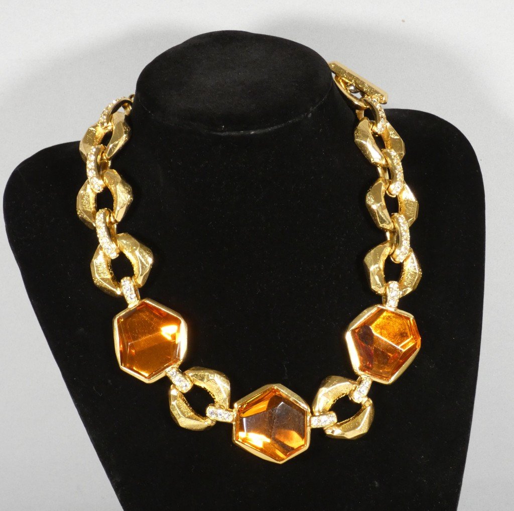 Collier Jean-Louis Scherrer Paris – Métal Doré, Strass Et Résine Couleur Ambre – Vers 1980-photo-4