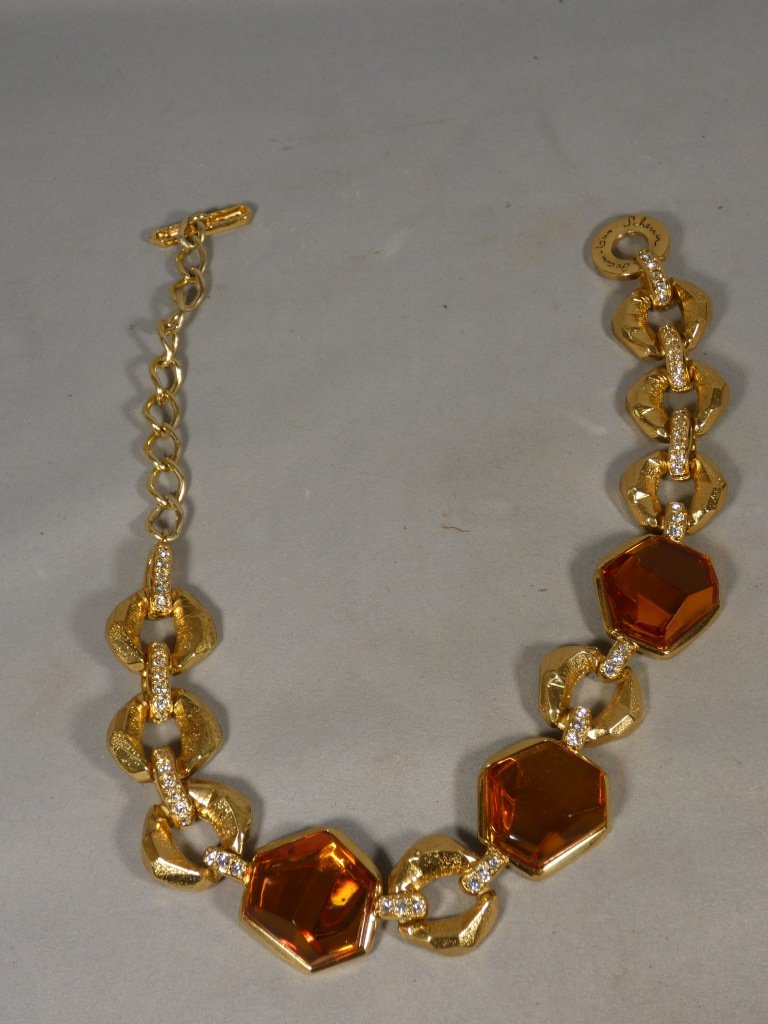 Collier Jean-Louis Scherrer Paris – Métal Doré, Strass Et Résine Couleur Ambre – Vers 1980-photo-1