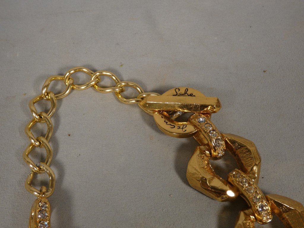 Collier Jean-Louis Scherrer Paris – Métal Doré, Strass Et Résine Couleur Ambre – Vers 1980-photo-3