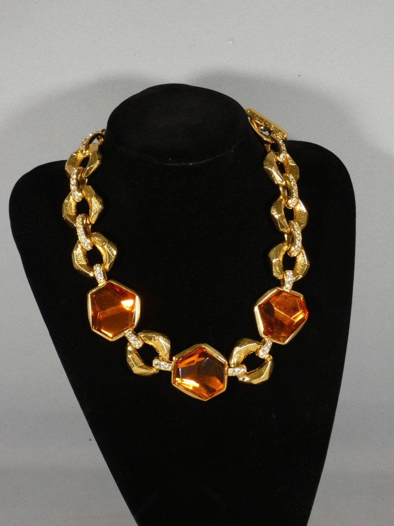 Collier Jean-Louis Scherrer Paris – Métal Doré, Strass Et Résine Couleur Ambre – Vers 1980