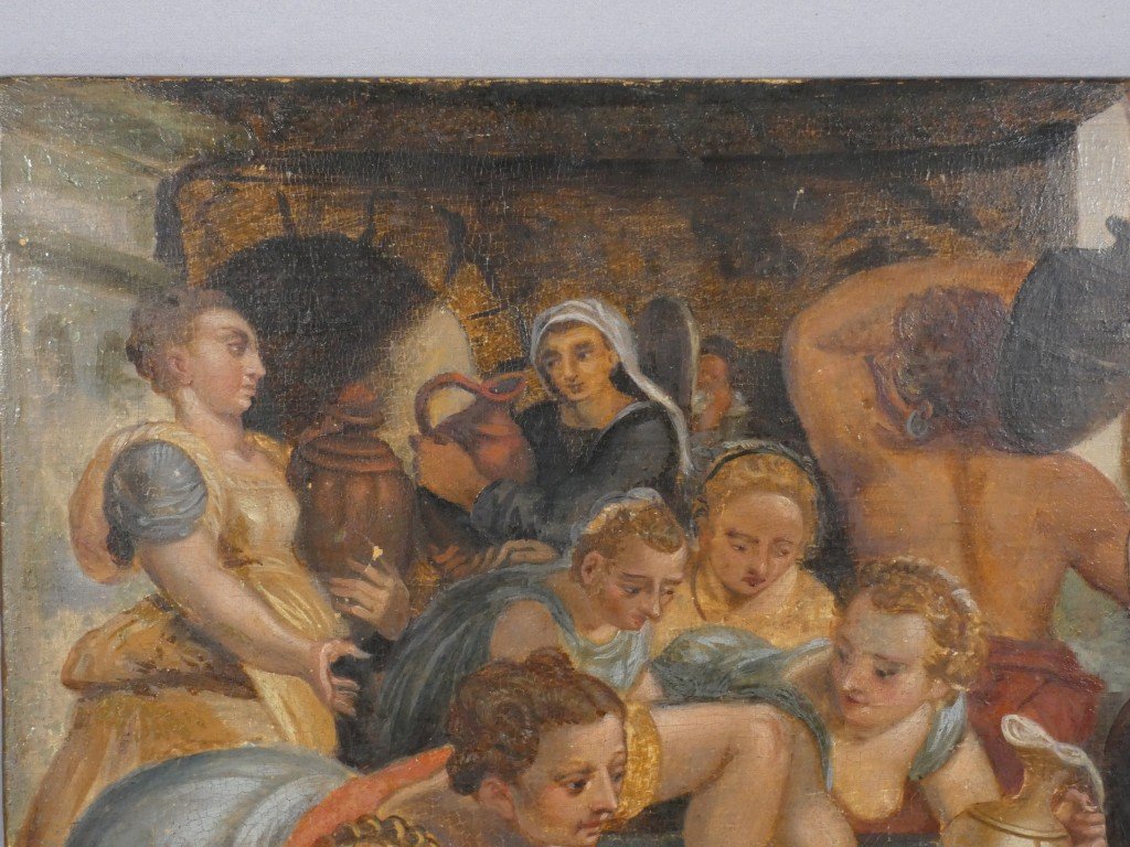 Scene Of Figures At The Fountain – Mannerist School, 17th Century – Oil On Panel-photo-1