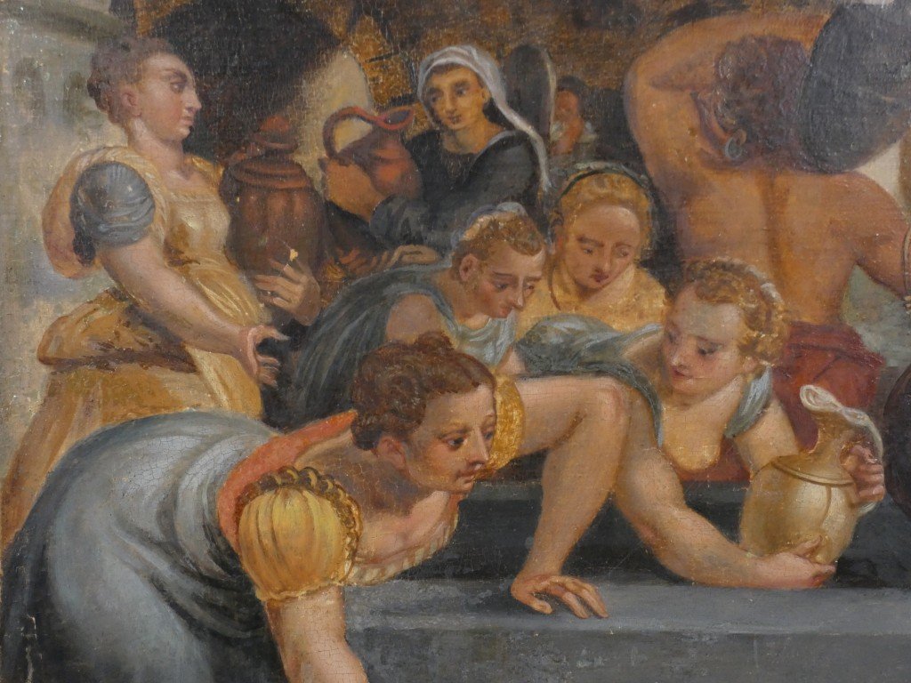 Scene Of Figures At The Fountain – Mannerist School, 17th Century – Oil On Panel-photo-2