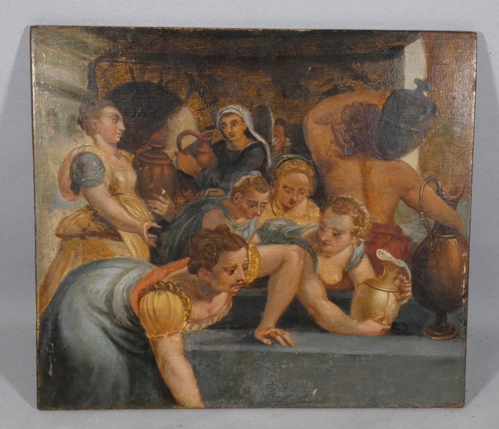 Scene Of Figures At The Fountain – Mannerist School, 17th Century – Oil On Panel