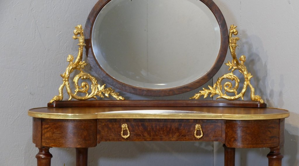 Coiffeuse Table De Toilette Forme Rognon, Loupe De Thuya Et Bronze Doré, Fin XIX ème -photo-2