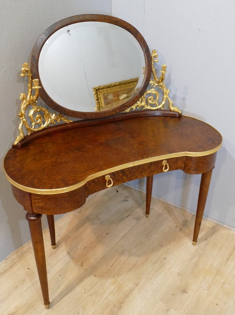 Coiffeuse Table De Toilette Forme Rognon, Loupe De Thuya Et Bronze Doré, Fin XIX ème -photo-3