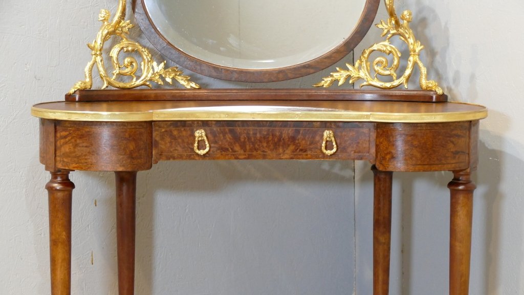 Coiffeuse Table De Toilette Forme Rognon, Loupe De Thuya Et Bronze Doré, Fin XIX ème -photo-2