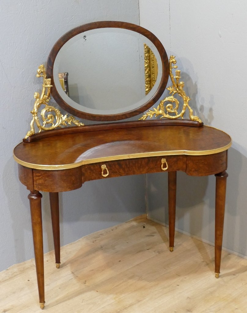Coiffeuse Table De Toilette Forme Rognon, Loupe De Thuya Et Bronze Doré, Fin XIX ème -photo-3