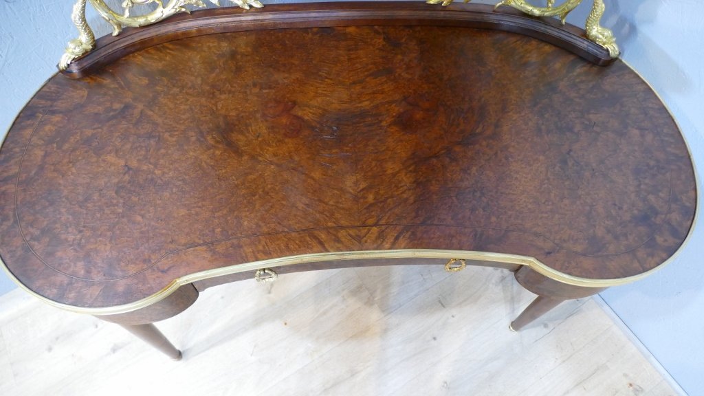 Coiffeuse Table De Toilette Forme Rognon, Loupe De Thuya Et Bronze Doré, Fin XIX ème -photo-4