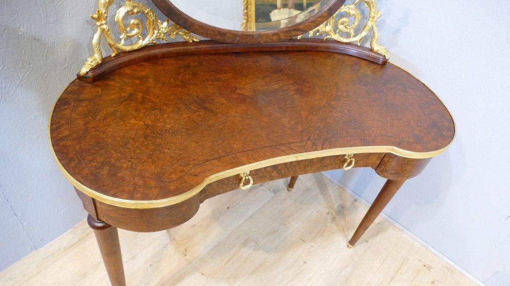 Coiffeuse Table De Toilette Forme Rognon, Loupe De Thuya Et Bronze Doré, Fin XIX ème -photo-5