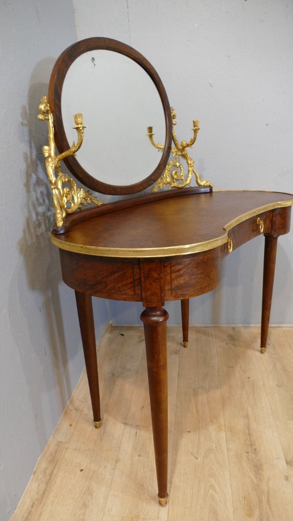 Coiffeuse Table De Toilette Forme Rognon, Loupe De Thuya Et Bronze Doré, Fin XIX ème -photo-7