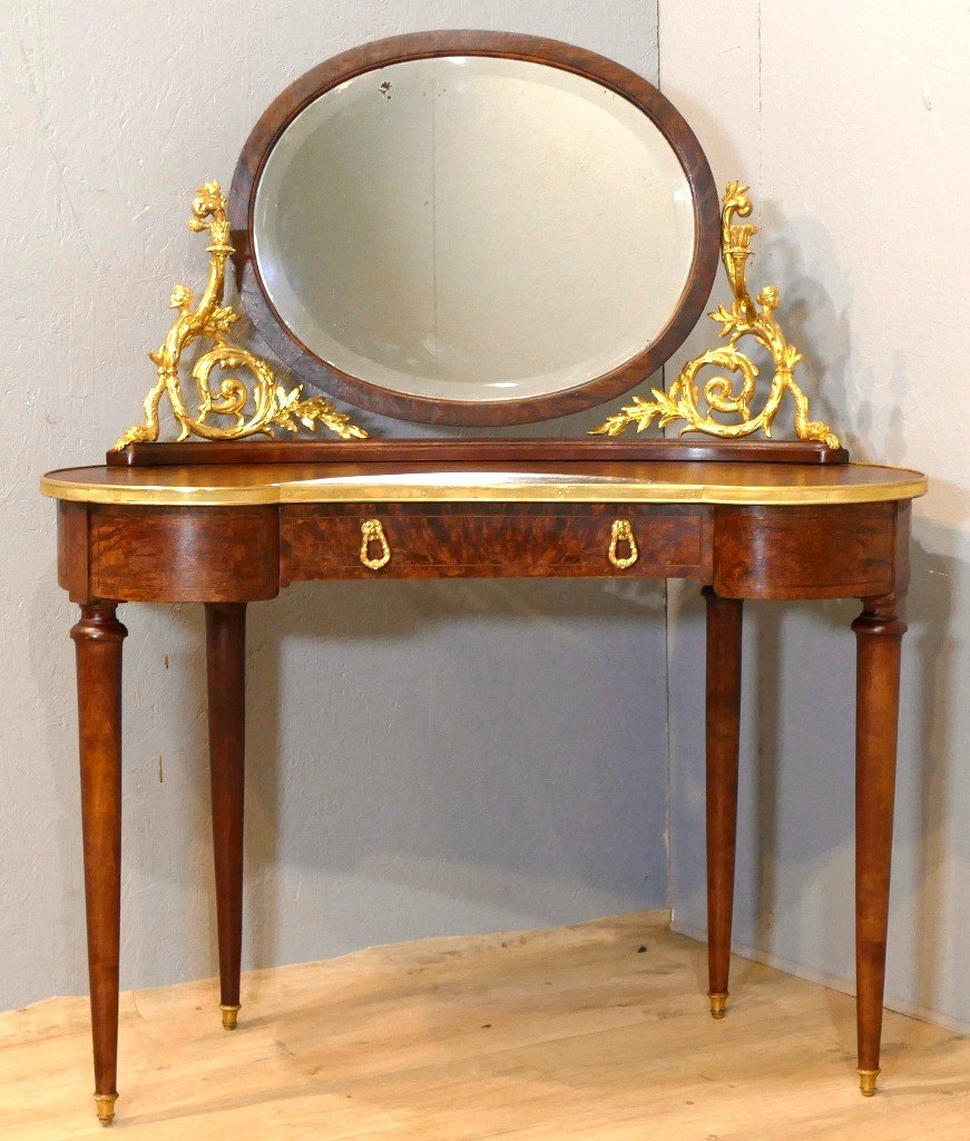 Coiffeuse Table De Toilette Forme Rognon, Loupe De Thuya Et Bronze Doré, Fin XIX ème 