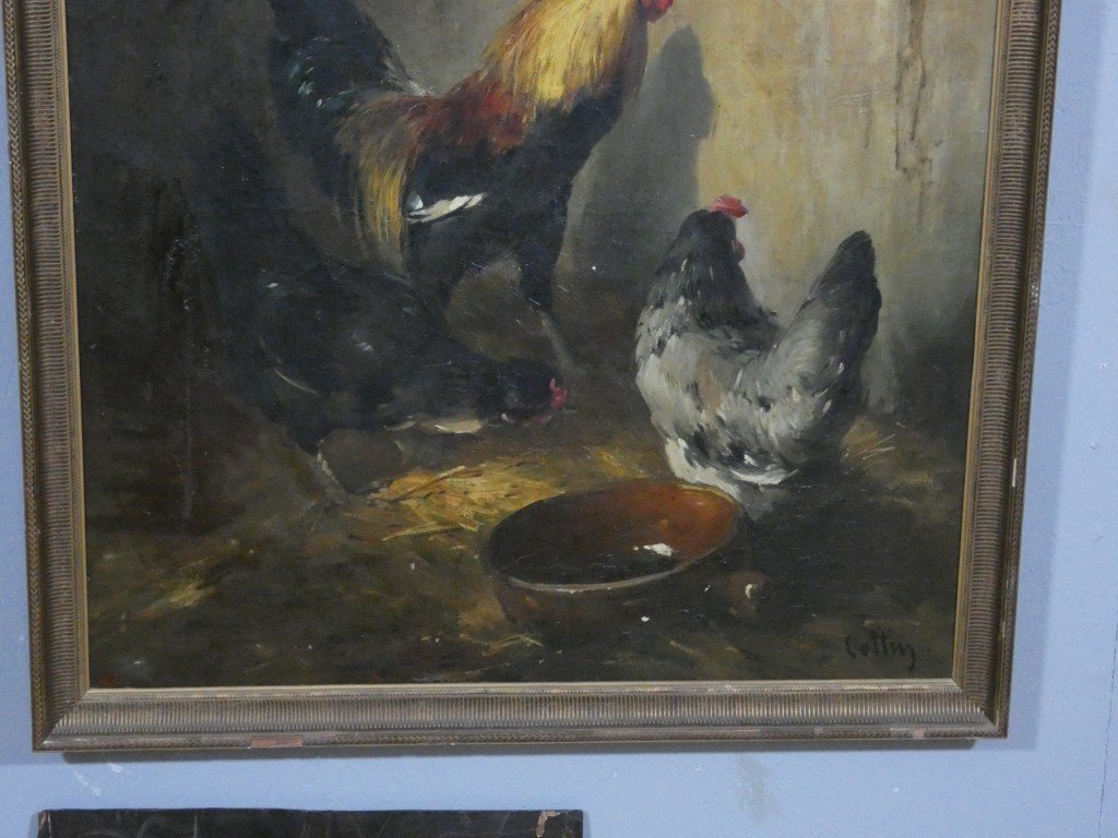 Eugène Cottin – Large Scene From A Farmyard With A Rooster And Hens – 19th Century-photo-4