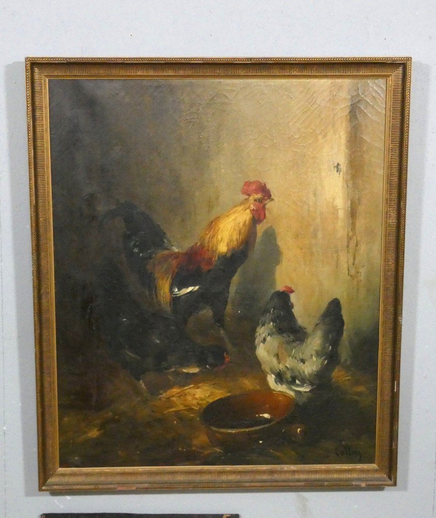 Eugène Cottin – Large Scene From A Farmyard With A Rooster And Hens – 19th Century