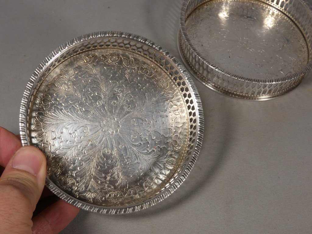 Pair Of Openwork Silver-plated Bottle Coasters, Early 20th Century-photo-2