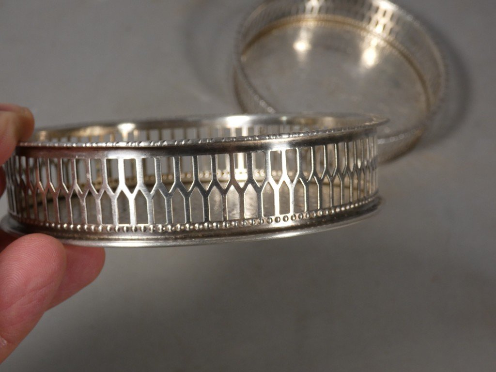 Pair Of Openwork Silver-plated Bottle Coasters, Early 20th Century-photo-1