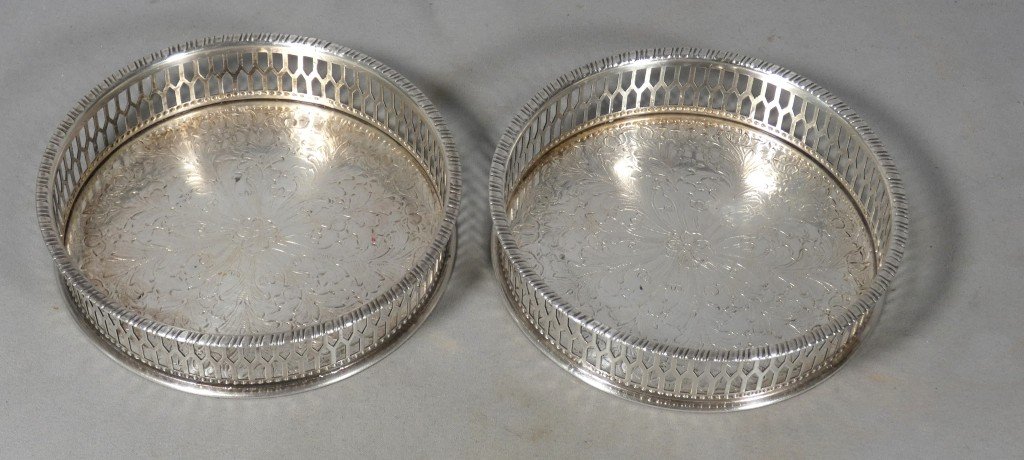 Pair Of Openwork Silver-plated Bottle Coasters, Early 20th Century