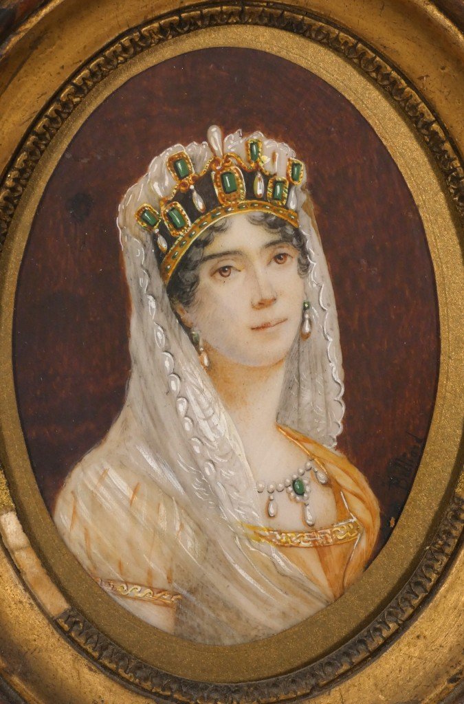 Signed Gouache Miniature By Zéphirin Belliard – Portrait Of Empress Joséphine – 19th Century-photo-2