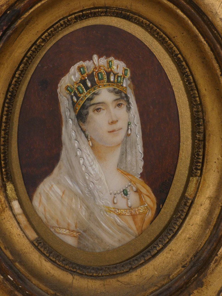Signed Gouache Miniature By Zéphirin Belliard – Portrait Of Empress Joséphine – 19th Century-photo-3