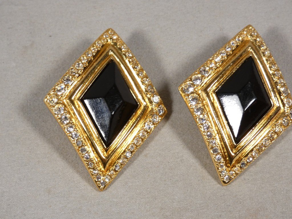 Jean-louis Scherrer – Large Black Couture Earrings With Rhinestones, 1980s-photo-2