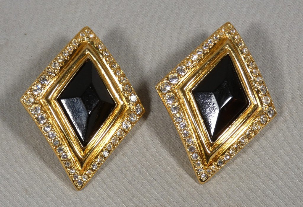 Jean-louis Scherrer – Large Black Couture Earrings With Rhinestones, 1980s
