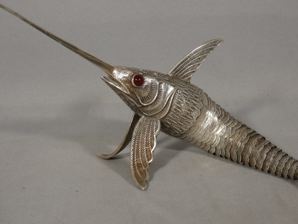 Articulated Solid Silver Swordfish Figurine With Glass Eyes, Spain, Circa 1960-photo-3