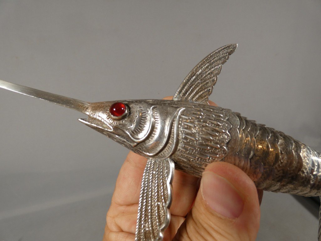 Articulated Solid Silver Swordfish Figurine With Glass Eyes, Spain, Circa 1960-photo-4