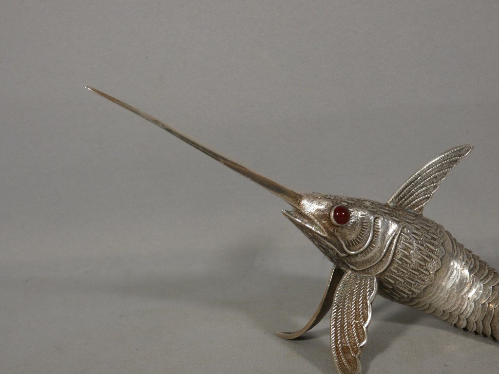 Articulated Solid Silver Swordfish Figurine With Glass Eyes, Spain, Circa 1960-photo-4