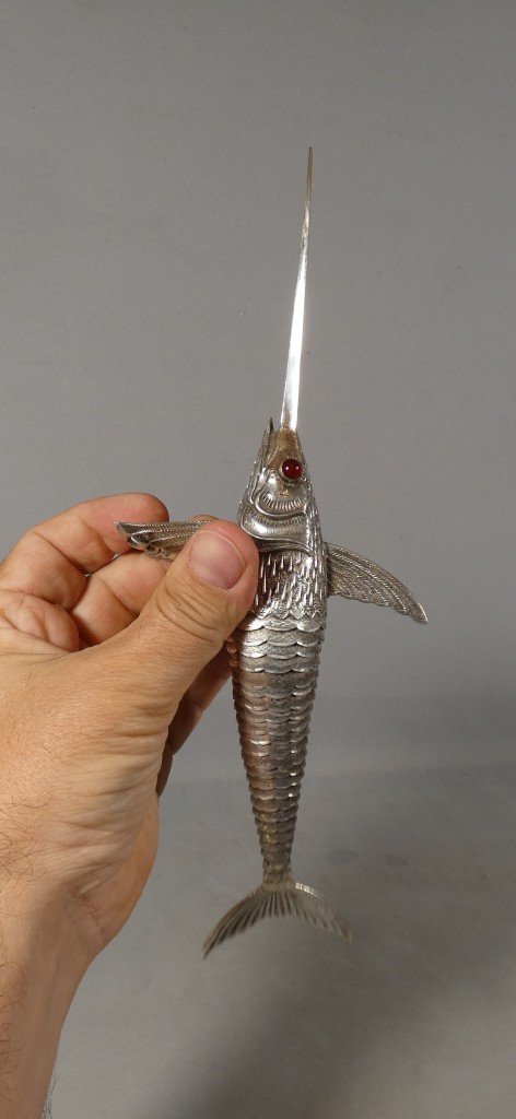 Articulated Solid Silver Swordfish Figurine With Glass Eyes, Spain, Circa 1960-photo-5