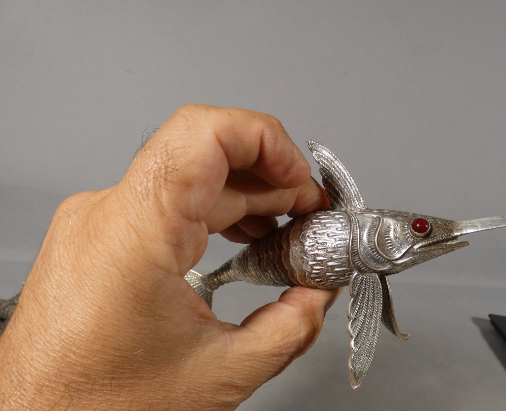 Articulated Solid Silver Swordfish Figurine With Glass Eyes, Spain, Circa 1960-photo-7