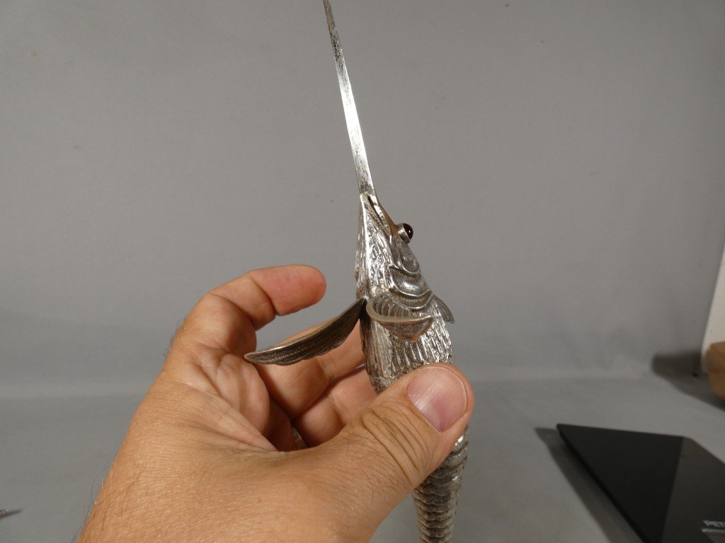 Articulated Solid Silver Swordfish Figurine With Glass Eyes, Spain, Circa 1960-photo-3